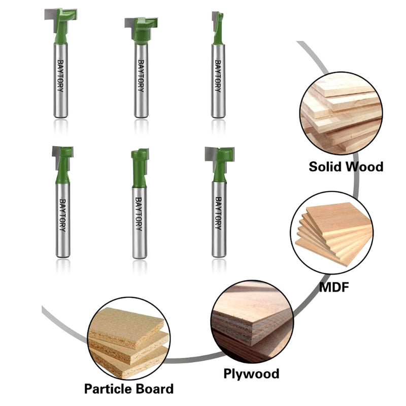 BAYTORY 6Pcs Keyhole Router Bits Set, 1/4" Shank Router Keyhole Bit Set -1/4 & 5/16 & 3/8 & 9/16 & 1/2 & 5/8 inch Blade Diameter for Wood Hex Bolt T-Track Slotting Milling Cutters Set (Green) 1/4 & 5/16 & 3/8 & 9/16 & 1/2 & 5/8 inch