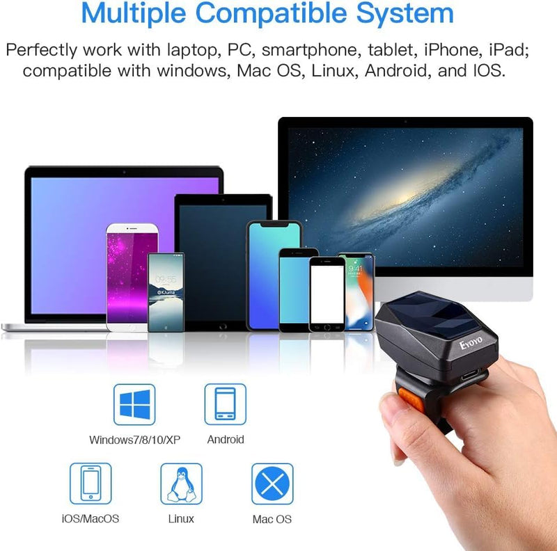 Eyoyo 3-in-1 Wearable Finger Ring Barcode Scanner, Mini 2D Wired USB & Wireless 2.4G & Bluetooth, QR 1D Data Matrix PDF417 Image Reader Compatible with PC, Smartphone, iPad Screen Scanning