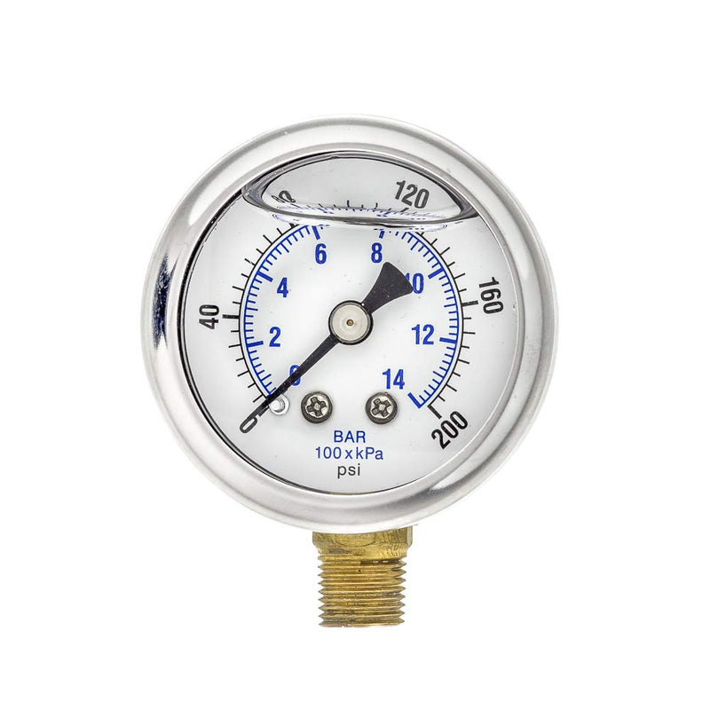 [Australia - AusPower] - PIC Gauges 201L-158G Bottom Mount Glycerine Filled Pressure Gauge w/ SS Case, Brass Internals, SS Bezel, PC Lens, 1.5" Dial, 0/200 psi Range, 1/8" Male NPT 0 - 200 PSI 