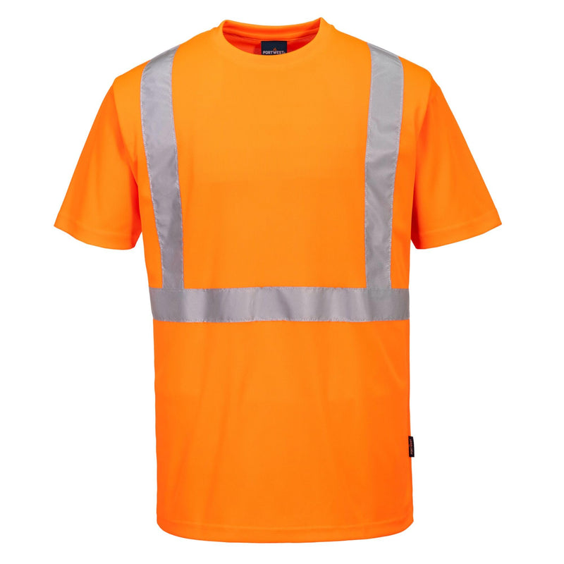 Portwest S198 Hi Vis Pocketless Short Sleeve T Shirt Moisture Wicking Safety Workwear with Reflective Tape, Orange, L Large