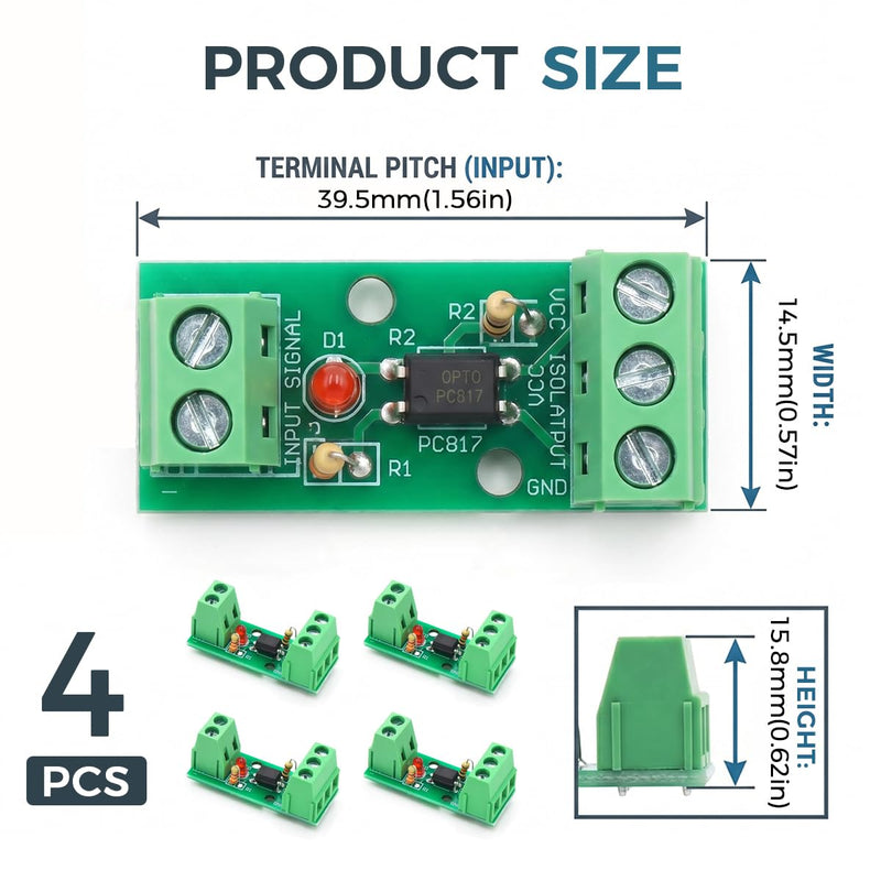 Optocoupler Isolation Module PC817 EL817 Voltage Converter 1-Channel 24V DC Isolator Level Converter Module for PLC SPS Arduino, 1.8V-24V Output Signal, Set of 4, Green