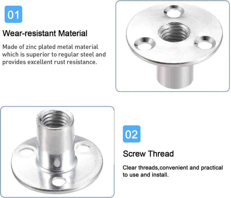 [Australia - AusPower] - 5Pcs M12 Brad Hole Tee Nut Zinc Plated Carbon Steel 3-Hole Round Base Screw-in T-Nuts Furniture Hardware Flange Insert Female Thread for Wood Furniture 