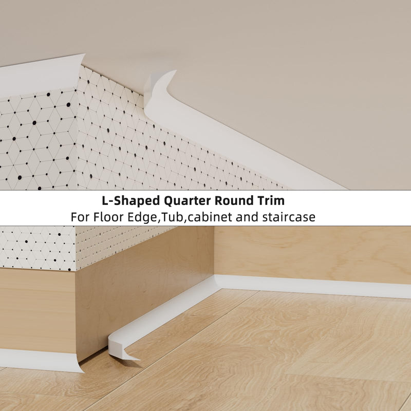Conwang 393" Flexible L-Shaped Quarter Round,Bendable Trim Molding,Double-Sided Self Adhesive Peel and Stick Silicone Trim for Floor Edge,Wall Corner,Stairs,Cabinet and Tub Edge,0.6"(W)×0.6"(H),White 393" White