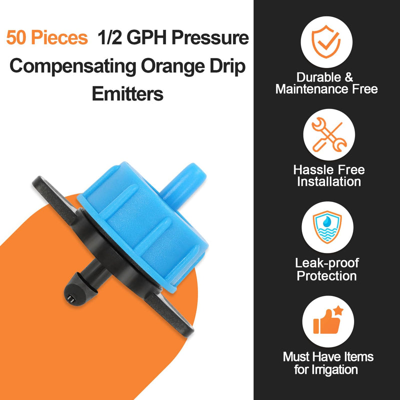 [Australia - AusPower] - 50 Pack 1/2 Gallon Per Hour Pressure Compensating Drip Irrigation Drippers, Orange Drip Sprinkler Emitters for 1/4 Inch Drip Irrigation Tubing for Garden Watering System Blue 1/2 GPH Drippers-50 Pcs 