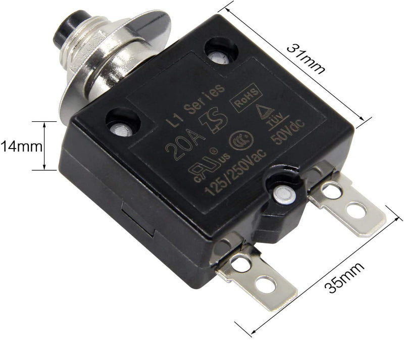 [Australia - AusPower] - Thermal Circuit Breaker 20 Amps, Thermal Overload Protector L1 Series 125-250V AC 50V DC Push Button Manual Reset Circuit Breaker 20A 2 Pcs 