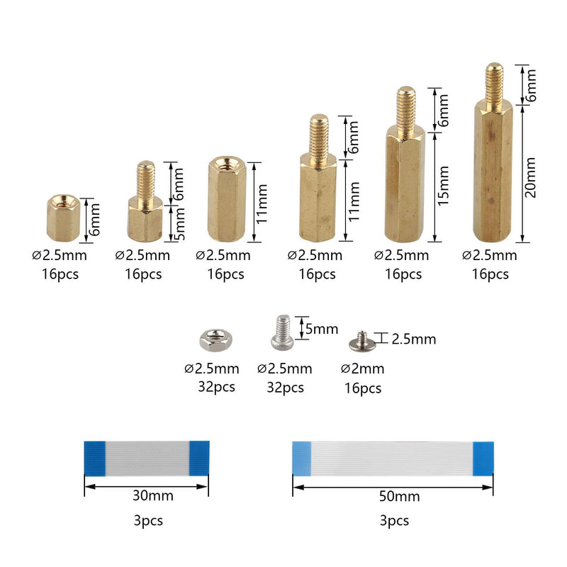 [Australia - AusPower] - ZDE 182pcs M2.5 Series Male Female Hex Column Brass Standoff Spacer Screws Nuts Assortment Kit for Raspberry Pi with M2 Screws 30mm FFC Cable 50mm FFC Cable for PCIe to NVMe SSD Adapter Board 