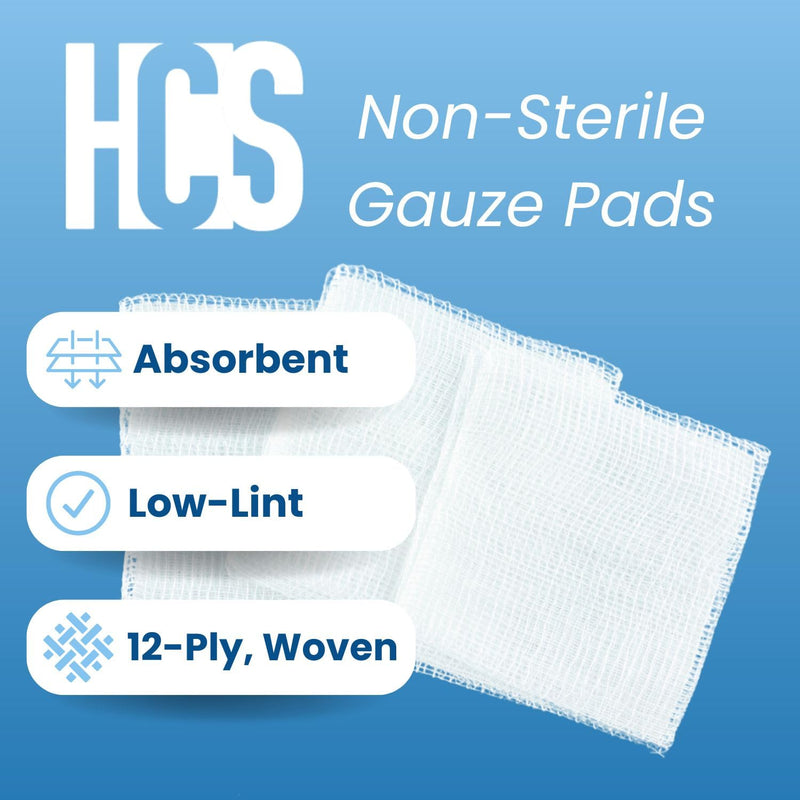 [Australia - AusPower] - HCS 2x2 Gauze Sponges - Woven, Non-Sterile, 12-Ply (200-Count) - 100% Cotton, Absorbent, Low-Linting Design - Medical 2x2 Gauze Pads - Wound Care, First Aid, Surgical Use, Dental 2" X 2" 200 