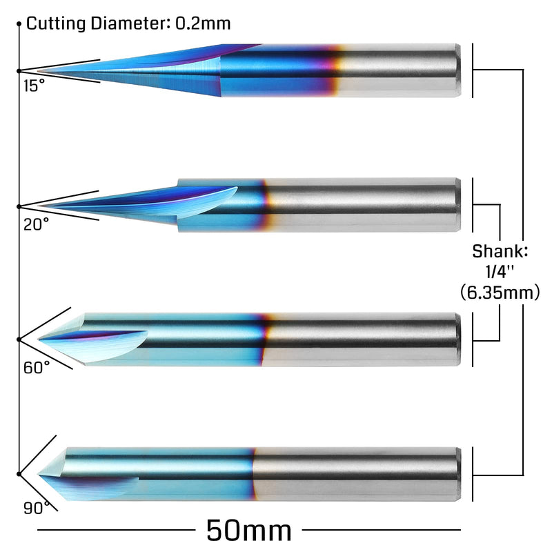 Genmitsu CNC Wood Carving Router Bits Set, 1/4'' Shank, 4 PCS, 15° Detail Carving Liner+ 20° Profile bit+ 60° & 90° V Groove, WC04A