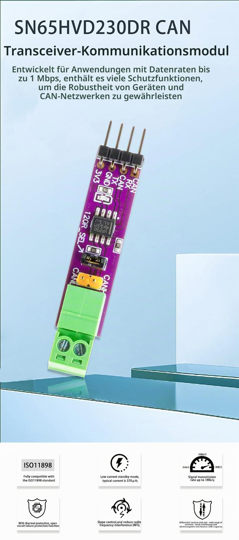 SN65HVD230 CAN Board Communication Module, Single Channel CAN Bus Transceiver, with Power Indicator
