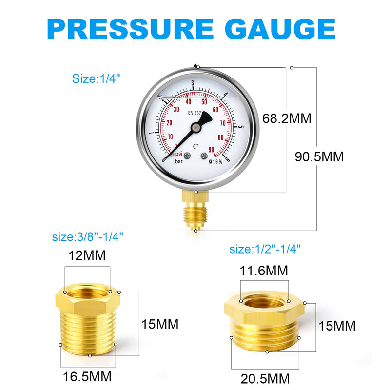 [Australia - AusPower] - ERGAOBOY 0-6 Bar (0-90 Psi) Stainless Steel 1/4 Inch BSP 2.5 Inch Dial Liquid Pressure Gauge, with Brass Adapter, Bottom Mounting 0-6 Bar(1/4" Flüssig füllen) Lower Mount 