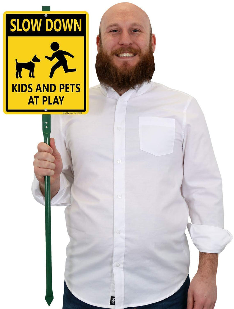 SmartSign "Slow Down - Kids And Pets At Play" LawnBoss® Sign | 10" x 12" Aluminum Sign With 3' Stake