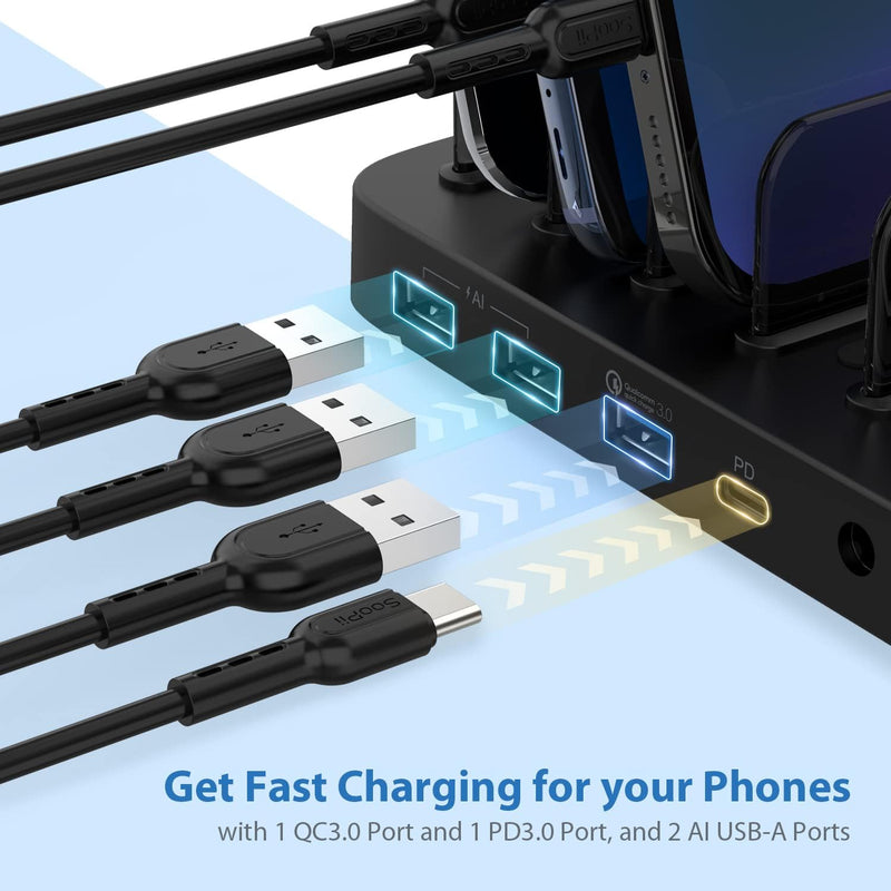 Charging Station for Multiple Devices, 5 Charging Ports & 4 Mixed Short Cables, UL Certified USB Charging Stand Compatible with Smart Phones, Tablets,iWatch and Earbuds (NO Watch Charger)