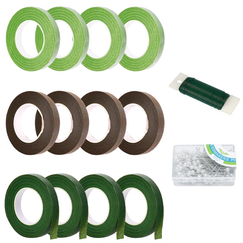 Juland 12 Rolls Floral Tape, 20 Yards Each in Kakhi/Dark Green/Light Green, with Stem Wires and Pins for DIY Silk Flower Arranging