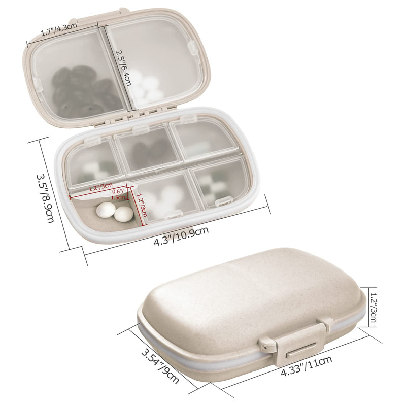 [Australia - AusPower] - 1Pack Travel Pill Organizer, 8 Compartments Portable Pill Case, Small Pill Box for Pocket Purse Portable Medicine Vitamin Container Beige 