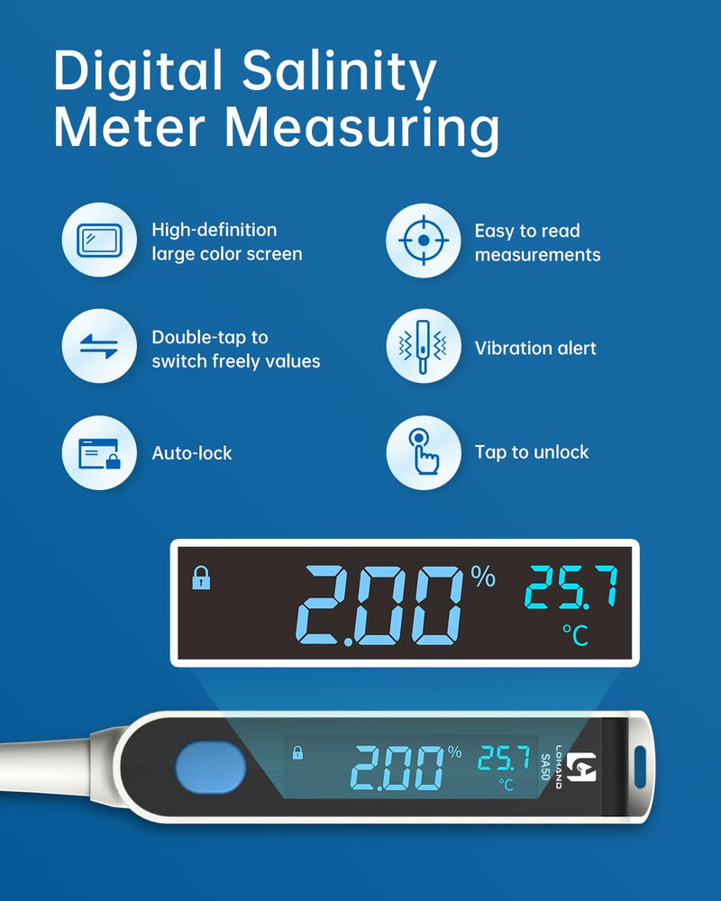 [Australia - AusPower] - Digital Salinity Meter, Platinum Electrode & Concave Surface for Lab-Grade Accuracy, Auto-Measured Salt Content Tester, Rapid Test for Aquarium/Saltwater/Salty Food, Range: 50ppt/1.000〜1.045 