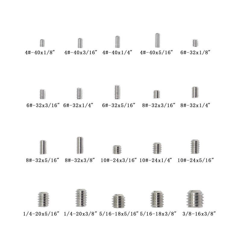 [Australia - AusPower] - 380Pcs 20 Sizes, 4#-40 to 3/8"-16 Stainless Steel Internal Hex Drive Cup-Point Set Screws Assortment Kit 