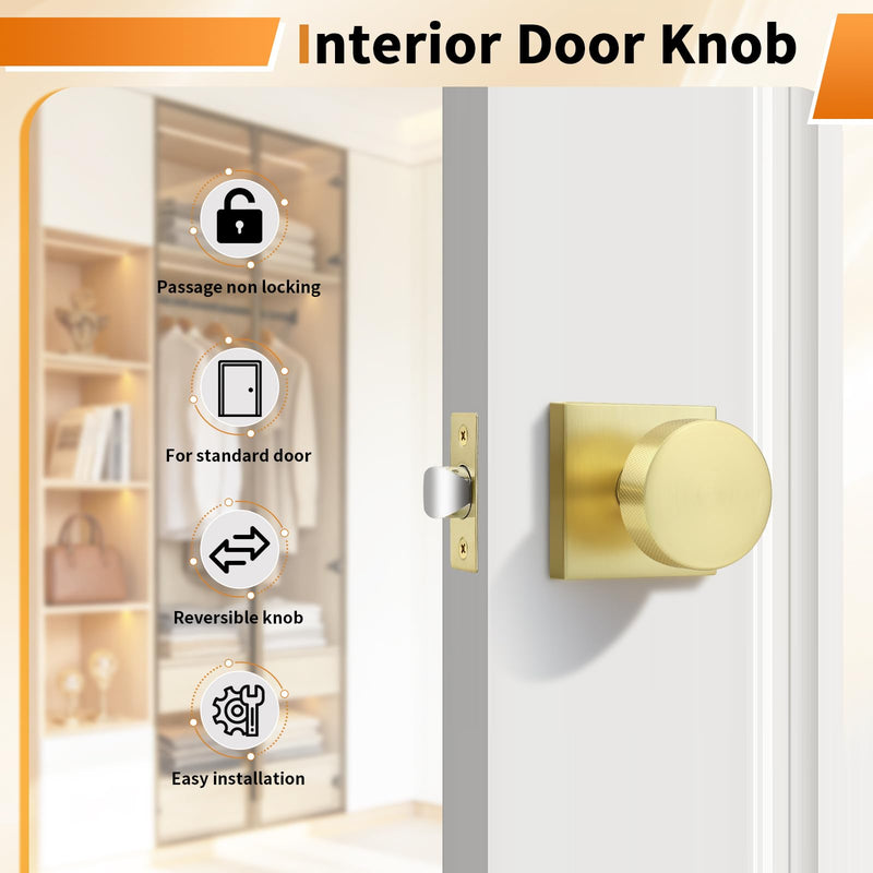 Probrico Gold Door Knobs Interior, Brushed Brass Passage Door Knob for Hallway Closet, Square Closet Door Knob with Round Knob, 1 Pack Brushed Gold
