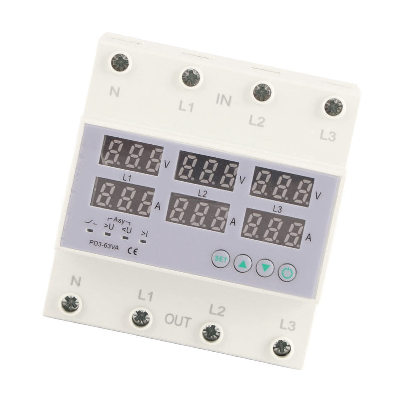 3 Phase DIN Rail Voltmeter Voltage and Current Protector Digital Display 3 Phase Voltage Monitoring Sequence Relay AC 390‑500V (63A) 63A