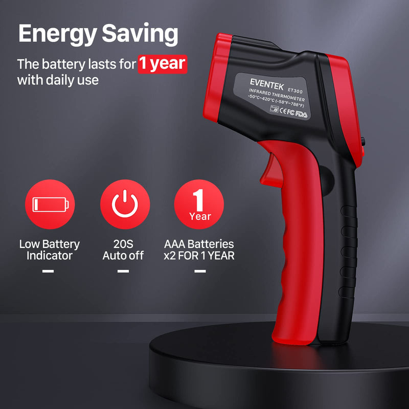 [Australia - AusPower] - Eventek Infrared Thermometer Gun, -58°F~788°F (-50°C~420°C), IR Laser Temperature Gun for Cooking, Pizza Oven, Grill, Griddle, Engine with Adjustable Emissivity & Max Min (NOT for Humans) -58°F~788°F (-50°C~420°C) 
