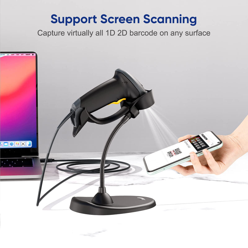 [Australia - AusPower] - Eyoyo Handheld 2D Barcode Scanner with Gooseneck Stand, Automatic USB Wired QR Code Scanner Bar Code Reader Support Screen Scanning for PC POS System Library Store Supermarket Check-Out, Inventory 