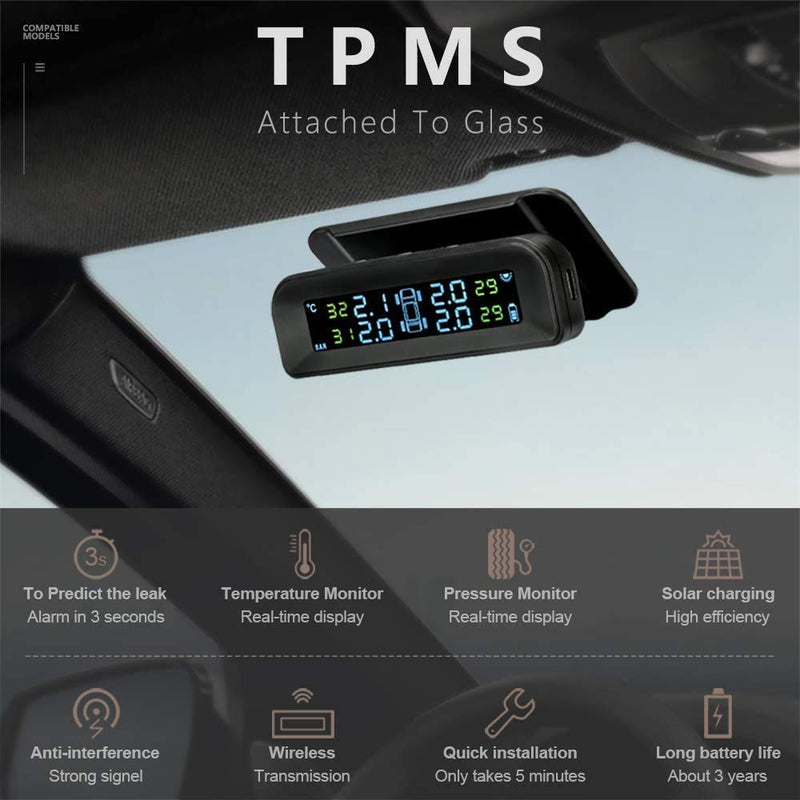 [Australia - AusPower] - Tire Pressure Monitoring System Wireless Solar TPMS, Tire Pressure Monitor Installed on Windowshield with 4 External Sensors Real-time Display Temperature Pressure 22-87 PSI for Car RV SUV MPV Sedan 