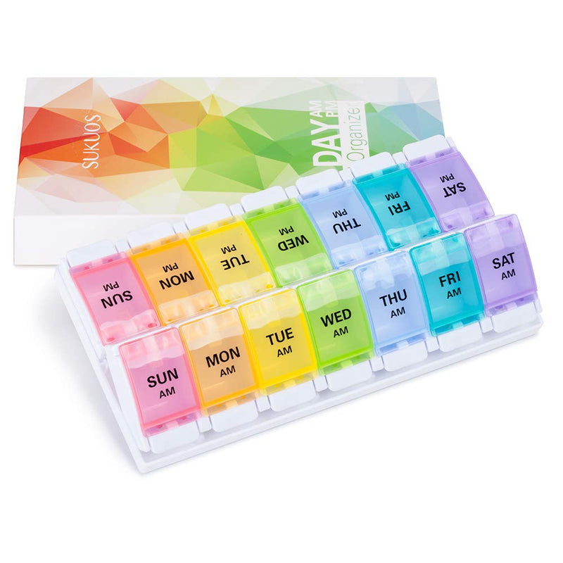 [Australia - AusPower] - Sukuos AM PM Weekly 7 Day Pill Organizer 2 Times A Day, Large Daily Pill Box with Easy Push Button Design, Detachable Pill Case for Medicine/Vitamin/Fish Oil/Supplements (Rainbow) Rainbow & Rainbow 