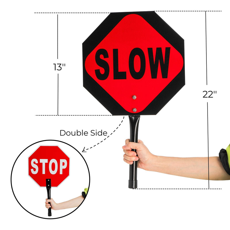 2 Pieces Stop Slow Signs, 13'' Hand Held Stop Slow Signs with Metal Handle, Double Sided Stop Slow Paddles for Flaggers, Crossing Guard, Traffic, Walking, Pedestrian