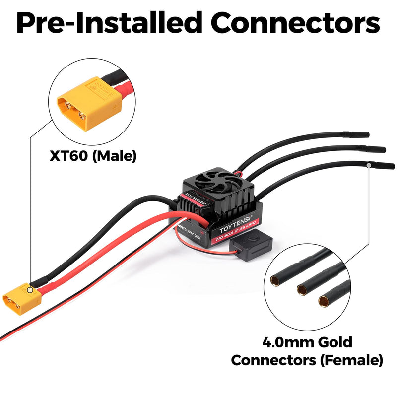 60A Waterproof Brushless ESC, 2-3S LiPo Sensorless Speed Controller for 1/10 RC Car, Truck, Buggy, Truggy, Pre-soldered XT60 & 4.0mm Bullet Connectors, 32-bit MCU - T10 Series 1/10 60A 2-3S XT60