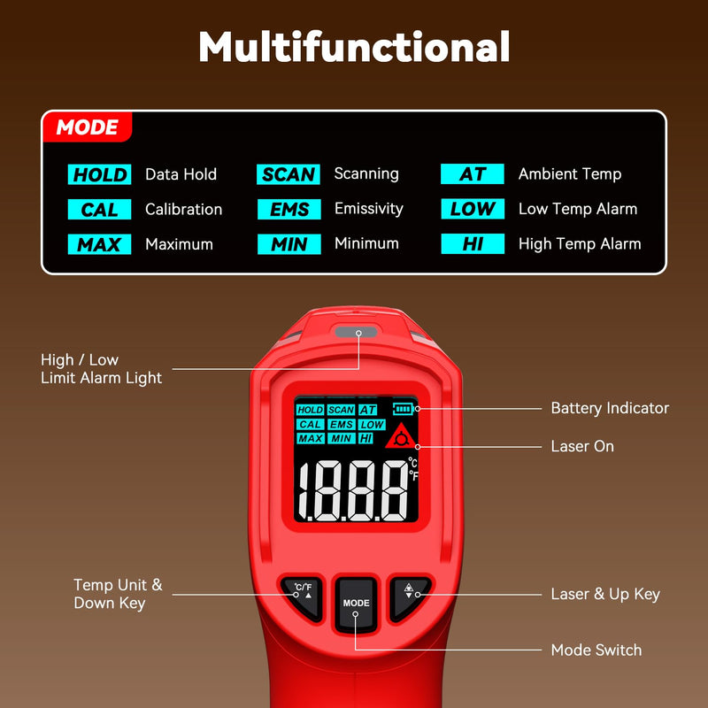 [Australia - AusPower] - Wintact Laser Infrared Thermometer Gun, -58°F to 1112°F Surface Heat Temperature Gun, Non-Contact Digital Thermometer for Kitchen Cooking Food, Pizza Oven, BBQ, Griddle, Soap Making, HVAC WT313B 
