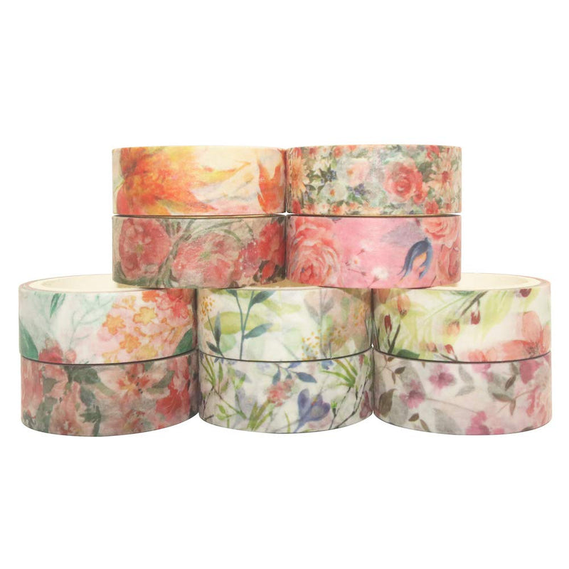 YUBBAEX 10 Rolls Spring Flowers Washi Tape Set Masking Decorative Tapes (Warm Tone) Warm Tone