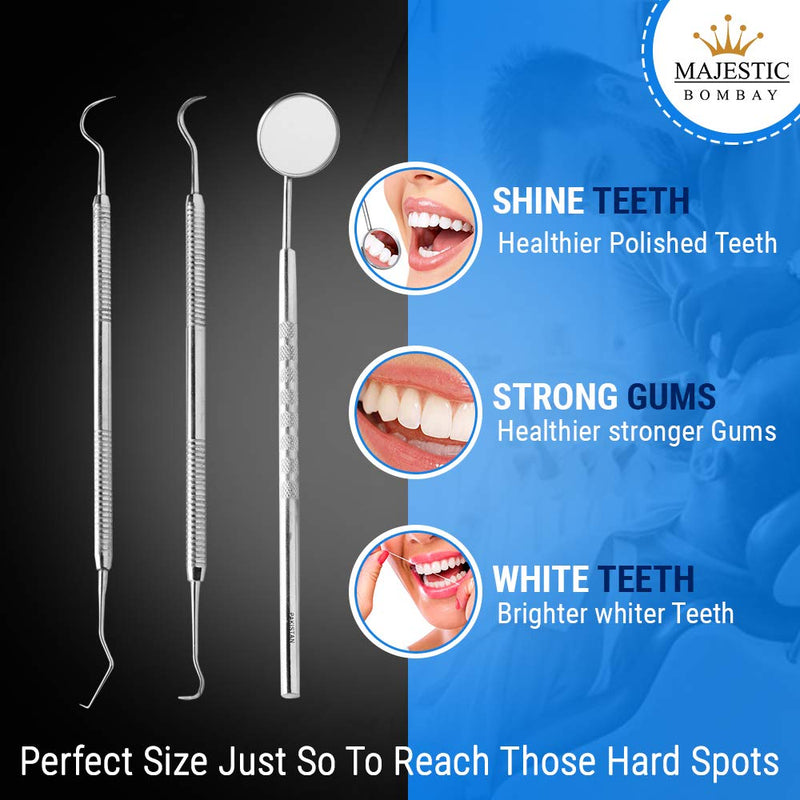 [Australia - AusPower] - Dental Hygiene Tool Kit - includes Stainless Steel Tarter Scraper/scaling Remover, Dental Toothpick, Mouth Mirror - by Majestic Bombay- Dentists Tools Set Is Ideal for Personal Use & Pet Friendly 