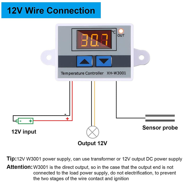 Greluma XH-W3001 DC12V 10A 120W Thermostat Switch, Digital LED Temperature Controller with Waterproof Probe, Electronic Programmable Thermostat for Heating and Cooling (-50°C to 110°C), Pack of 2 DC 12 V Temperature Control Module 5-2