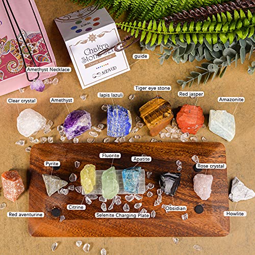 AOOVOO 17Pcs Crystals and Healing Stones, 14Pcs Real Raw Chakra Stones Set, Selenite Charging Plate, Amethyst Necklace, Rose Quartz, Mothers Day Gifts, Gift Box, Guide for Beginners, Collection, Meditation, Yoga Crystals Set