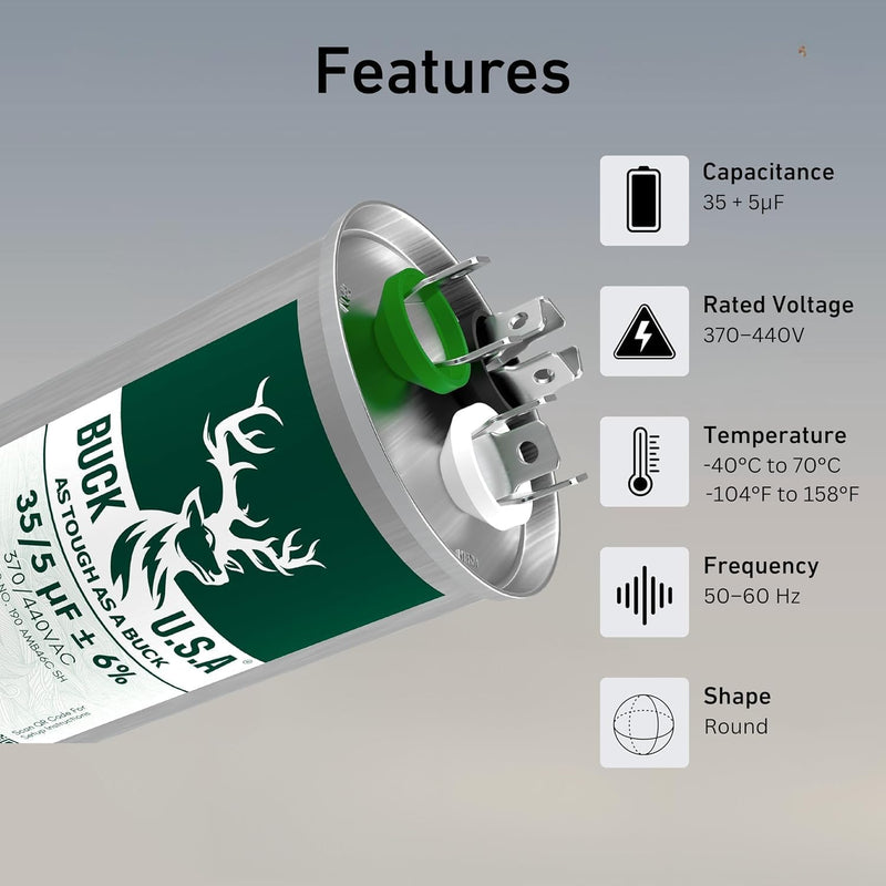 Buck 35+5uF 35/5 MFD ±6% CBB65B Dual Run Round Start Capacitor - Ideal for HVAC Systems, Air Conditioner Unit Fan Motor Start, Heat Pump, & Condenser Straight Cool Applications 370/440VAC 50/60Hz 35+5 µF 1.0