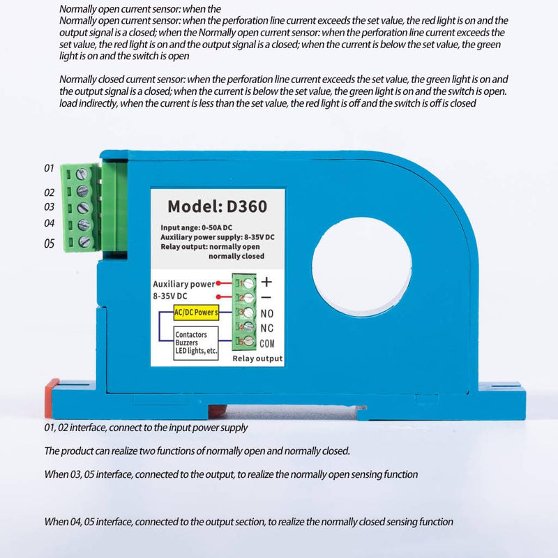 DC Current Switch,Current Sensing Relay DC Current Sensing Switch 0-50A Amp Sensor Monitoring Relay D360
