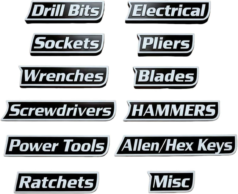 Magnetic Tool Box Labels, Reusable Heavy Duty Magnetic Toolbox Labels for Garage, Workshop, Storage Bins, 12 Pcs/Black Black Regular Thickness