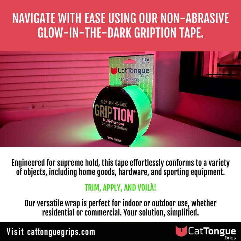 CATTONGUE GRIPS Non-Abrasive Grip Tape Roll Bundle Heavy Duty Non Slip Tape for Indoor & Outdoor Use, Waterproof Anti Slip Tape for Thousands of Uses (Black, Clear, & Glow in The Dark)