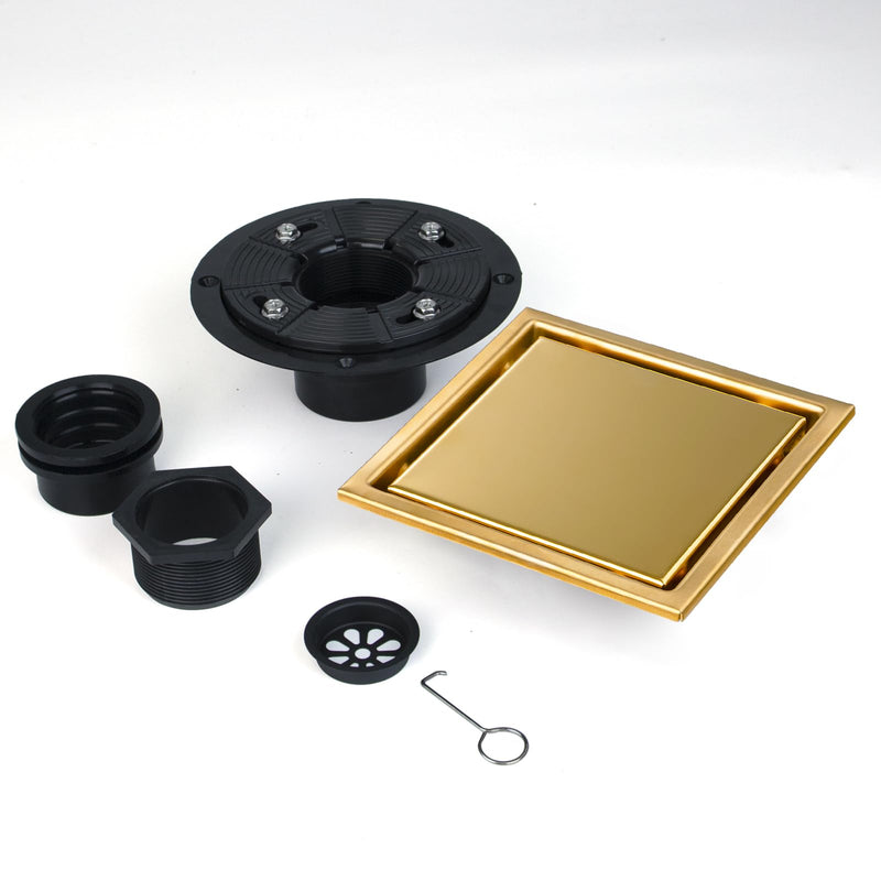 SaniteModar Shower Drain, 6 inch Shower Floor Square Drain with Flange, 2 in 1 Panel SUS 304 Stainless Steel Square Shower Drain, Brushed Gold…