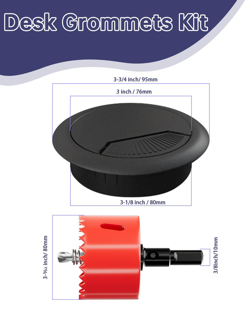 [Australia - AusPower] - Desk Grommet 3-1/8 inch (80mm) - 8 Pack Black Cable Grommet & Desk Hole Cover with Hole Saw for Cables, Cord Management for Office, TV, and Home Table Grommet Black 