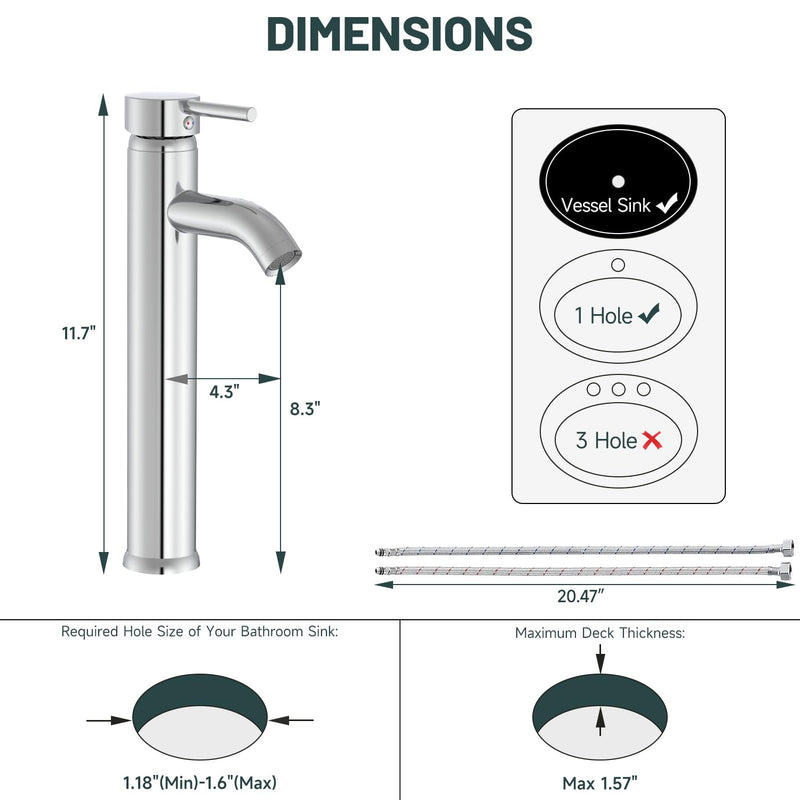 Chrome Bathroom Faucet, Greenspring Vessel Sink Faucet One Hole Single Handle Sink Faucets Modern Commercial Lavatory Vanity Bowl Faucets with Supply Line, Brass, Tall Body Chrome High-No Drain Set