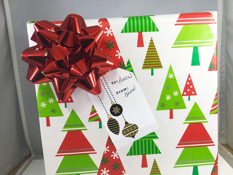 Merry & Bright Gold Gift Tag Stickers – 2 x 3 Inch Holiday Labels, Roll of 100 with 4 Festive Designs – Elegant Christmas Wrapping Tags, Made in The USA