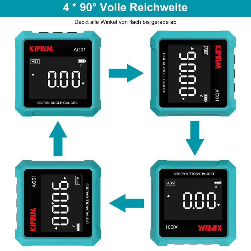 Kiprim AG01 Digital Inclinometer with Magnetic Base | 3-sided magnetic base, LCD backlight, absolute and relative measurement, suitable for construction and woodwork