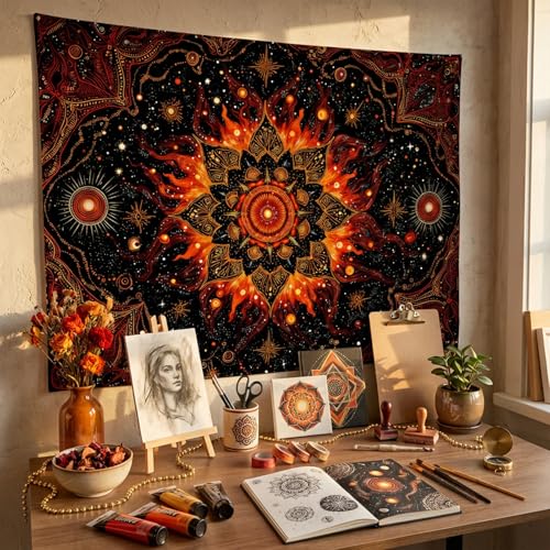 Spenlife Celestial Sunburst Tapestry, Fire Mandala Tapestries for Bedroom, Boho Wall Decor, Cosmic Tapestries (80" x 60") 80"L x 60"W Black Orange