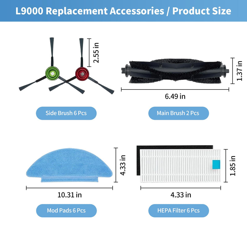 20 Pack Replacement Parts Compatible with Tikom L9000, L8000, Lubluelu SL60D, Laresar L6 Nex, Honiture Q6 SE Robot Vacuum Cleaner Accessories, 2 Main Brush, 6 Side Brush, 6 Hepa Filter, 6 Mop Pad