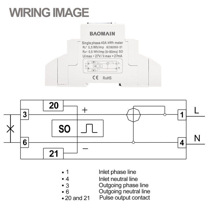[Australia - AusPower] - Baomain Single Phase Two Wires Energy Meter 5(40) A 230V 50Hz One Module Kwh Meter DIN-Rail Mount (Counter Display / DM25S, 220VAC) 