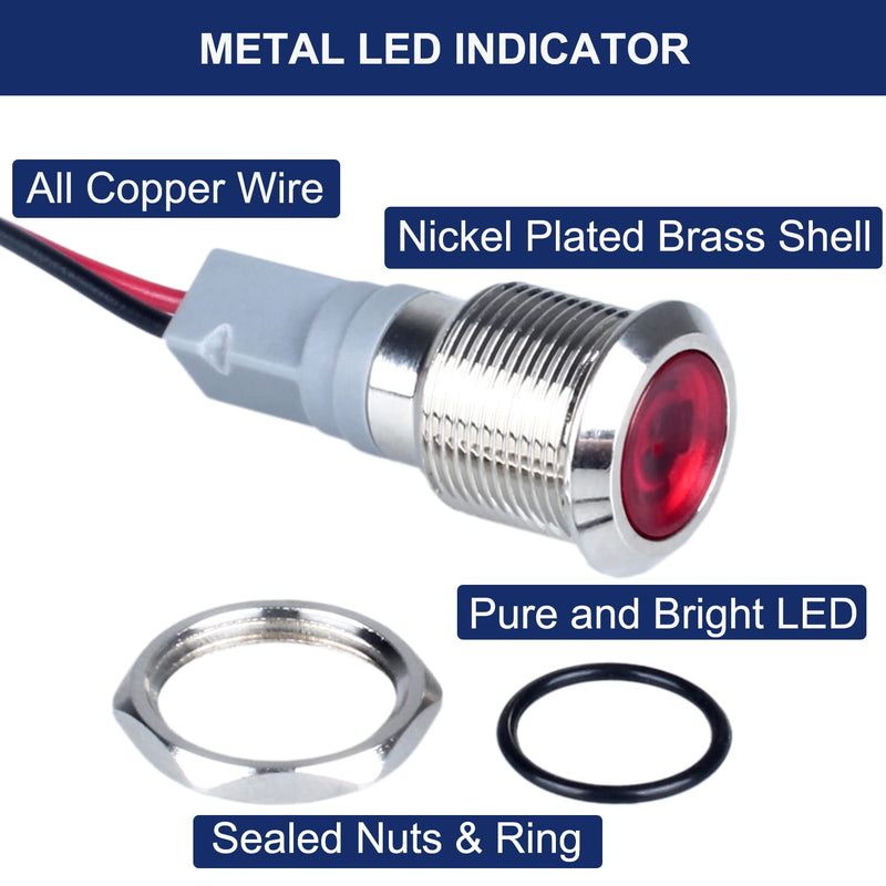 [Australia - AusPower] - 5 Pcs 12mm 110V-220VAC Metal LED Indicator Light Mounting Hole 1/2" 20mA Energy Saving Signal lamp Waterproof IP67 with Wire for machine tools household appliances etc.(12mm Red) 