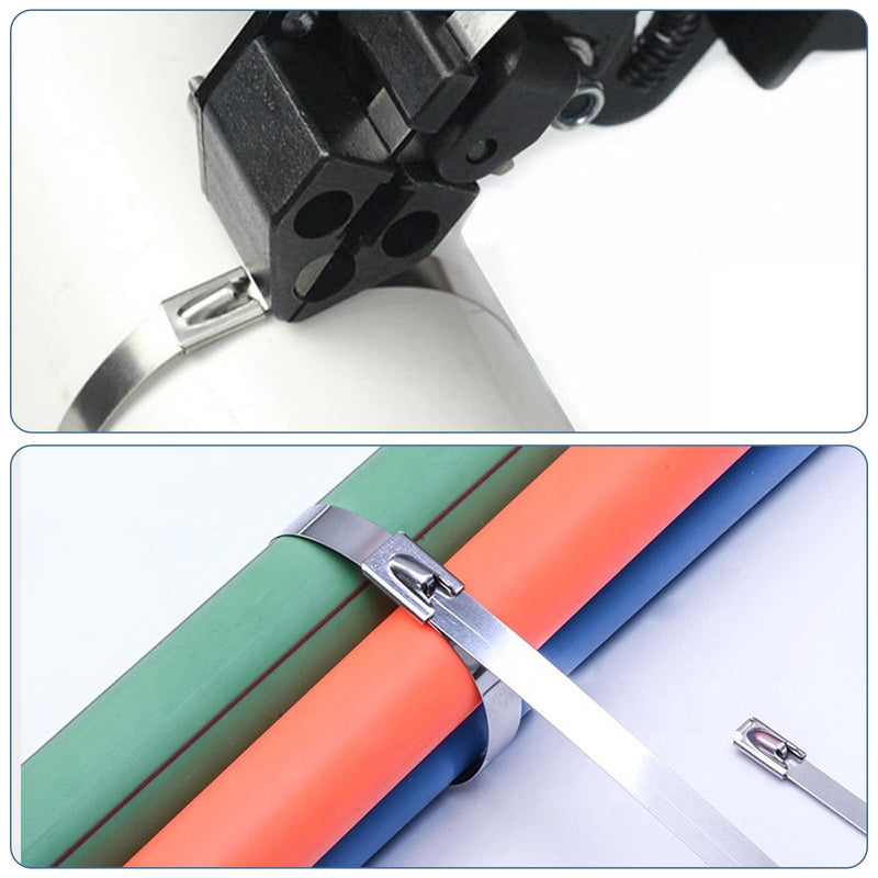 Pack of 100 Stainless Steel Cable Ties and Metal Tie Gun, 4.6 x 200 mm Cable Tie Pliers, Metal Cable Tie Tool, Cable Tie Gun for Tightening Cut Cable Bi