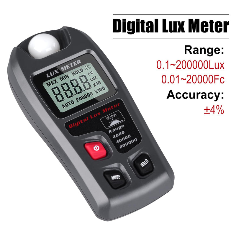 [Australia - AusPower] - Light Meter, Handheld Lux Meter for Lighting Intensity Brightness Measurement, Digital Light Intensity Meter Range up to 200,000 Lux, Illuminance Sensor with MAX/MIN, Data Hold 