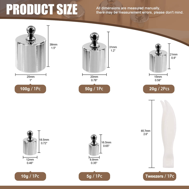 [Australia - AusPower] - Wokape 7 Pieces 5 Sizes 5g 10g 20g 50g 100g Precision Steel Scale Calibration Weight Kit Test Weights Kits with Tweezers for Jewelry Scale and Digital Scale 