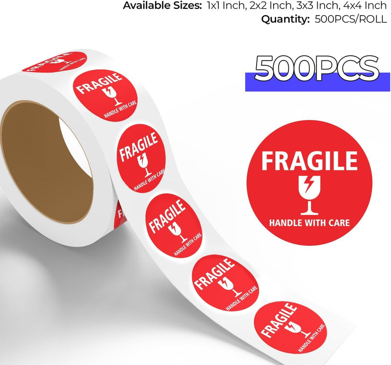 StickerJet Fragile Stickers Roll – (500pcs, 3x3) High-Visibility Handle with Care Labels, Strong Adhesive Paper Decals for Shipping, Packaging, and Protection – Made in USA 3x3 Inch 500 Stickers - Roll
